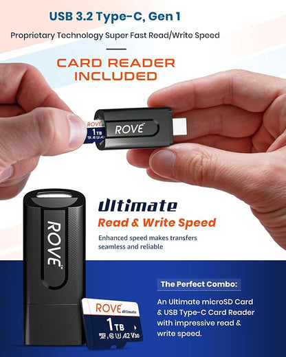 ROVE Ultimate 1TB Micro SD Card microSDXC Memory Card with USB 3.2 Type C Card Reader 160MB/s C10, U3, V30, 4K, A2 for Dash Cam, Android Smart Phones, Tablets, Games