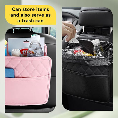 Car Seat Back Organizer, PU Leather Vehicle Backseat Hanging Storage Pocket, Multipurpose Auto Travel Essentials Accessories for Kids & Adults, Universal for Most Cars (Black)