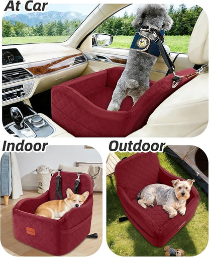 Lealchum Dog Car Seat for Small/Medium Dogs,6in Elevated Cushion,Fits in Front/Back Seat,Fully Detachable and Washable,2 Storage Pockets,Easy to Install (Red, Medium)