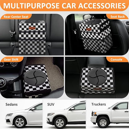 Vankor Car Trash Can Bin with Lid Hanging for Back Seat, Car Accessories for Women Men Leak Proof Automotive Garbage Cans Leakproof Vehicle Trash Can for Truck SUV,Black White Checkered