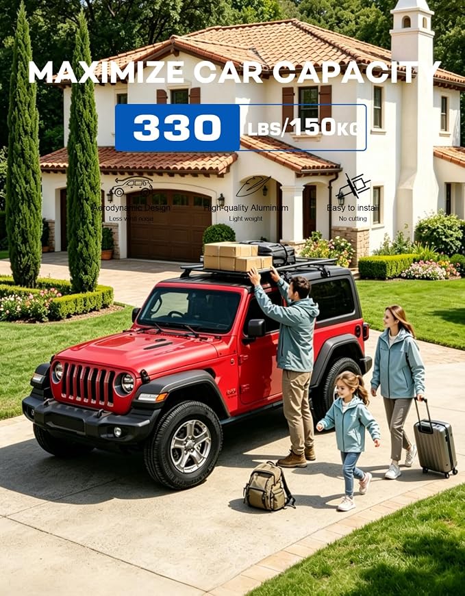 Wonderdriver Heavy Duty 330lb Roof Rack Cross Bars Compatible with Jeep Wrangler JK JL Gladiator JT 2007-2026, 2 & 4 Door Aluminum Crossbars Rooftop Cargo Bag Kayak Bike Carrier