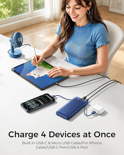 VEGER Portable Charger with Built-in AC Plug and Cables, All in One 10000mAh Ultra Slim Power Bank Emergency Fast Charging for Travel Battery Pack Compatible with iPhone, Samsung, Android, Navy