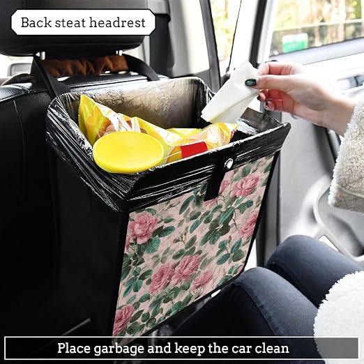 Car Trash Can Organizer Bin with Adjustable Strap for Back Front Seat Console Waterproof Leakproof Collapsible Portable 11 Inch Pink Vintage Roses with Leaves