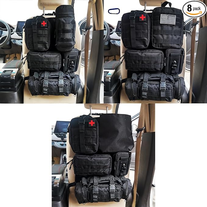 7 PACK Tactical Seat back organizer Truck organizer With 6 Detachable Pouches Universal For Car Truck Ford Jeep Military-Grade Heavier Panels With Multi-functional Packs (8 Pack Black)