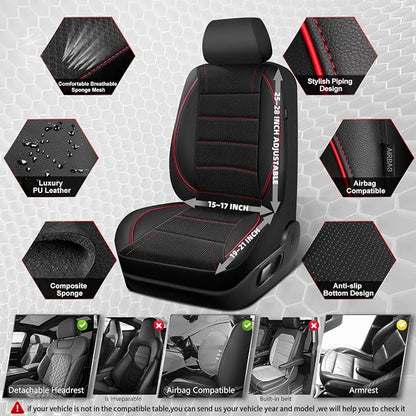 CAR PASS Mesh Leather Car Seat Covers Full Set,Breathable Mesh Faux Leather Seat Covers for Car, Universal Fit for SUV Truck Sedan Automotive, Airbag Compatible, Black and Red