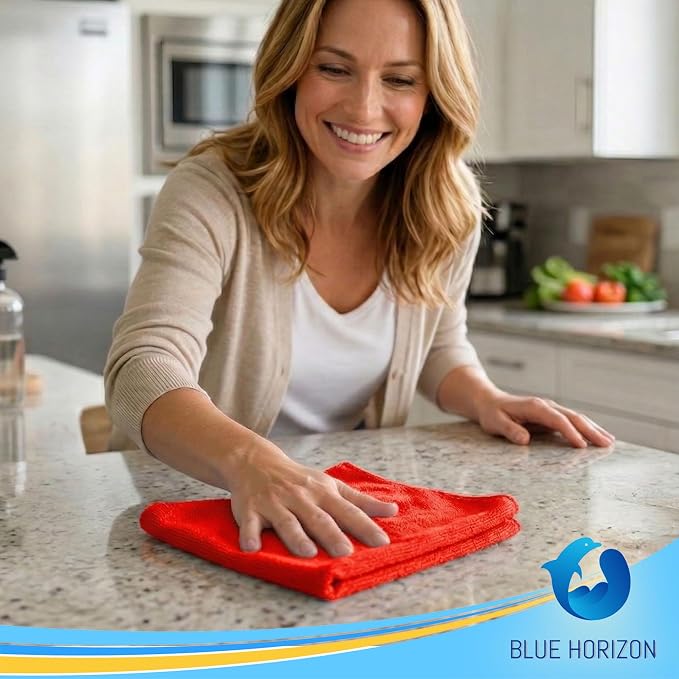 Blue Horizon Microfiber Cleaning Towels, Pack of 24, Ultra Soft Plush Washcloth, All Purpose Premium Microfiber Detailing Cleaning Cloths Reusable Shop Towels (16" x 16", Red)