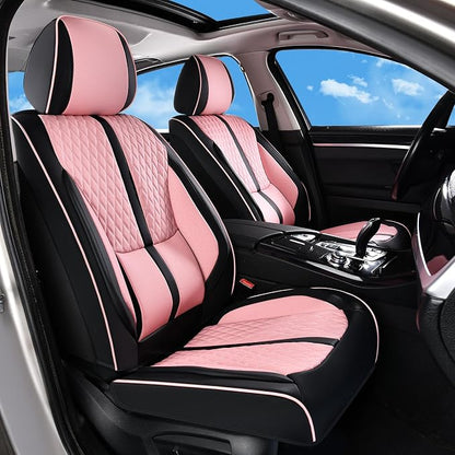 Huidasource Seat Covers Full Set, Luxury Nappa Leather Seat Covers with Velcro Adjustable, Airbag, Lumbar Support, Cooling ＆ Heating, Pink Car Seat Covers Fit for Most Cars SUV Trucks, Black＆Pink
