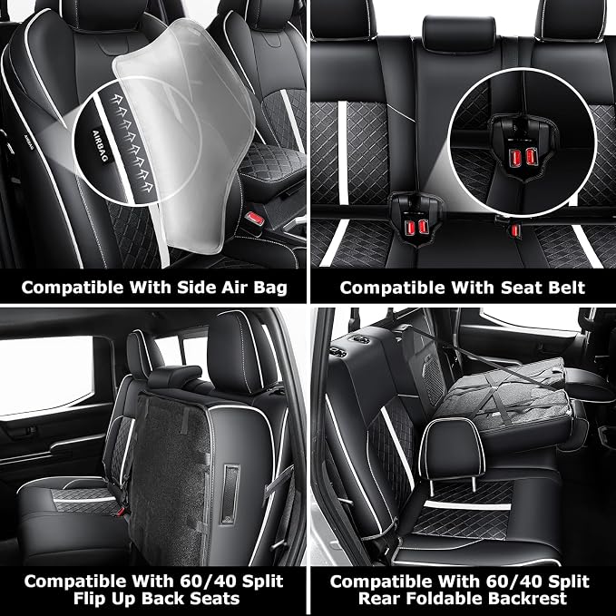 Carlimeki Leather Seat Covers Custom Fit for Tacoma Gen 4th (2024-2026) Double Cab, for SR, SR5, TRD PreRunner, TRD Sport, TRD Off-Road, Limited, Trailhunter - Armrest Covers Included - Fully Covered