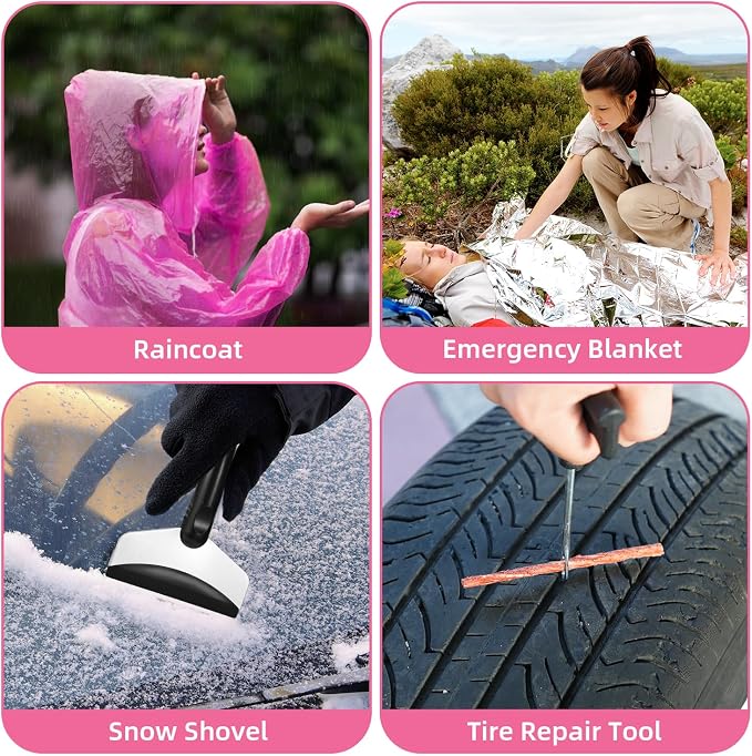 Roadside Emergency Car Kit for Vehicles, Pink Car First Aid Kit Emergency Kit with Jumper Cables, Car Safety Kits, Tow Strap, Tool Kit, Road Trip Assistance for Men, Women, New Driver Gifts