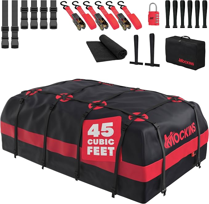 Mockins 45 Cu Ft XL Waterproof Rooftop Cargo Bag 75"x48"x22" | Car Roof Cargo Carrier Bag for Use with or without Roof Rack | Vehicle Soft-shell Carriers w/ Mat, Lock, Hooks, Straps & Case