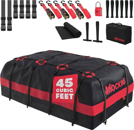 Mockins 45 Cu Ft XL Waterproof Rooftop Cargo Bag 75"x48"x22" | Car Roof Cargo Carrier Bag for Use with or without Roof Rack | Vehicle Soft-shell Carriers w/ Mat, Lock, Hooks, Straps & Case