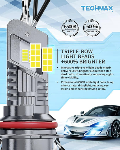 TECHMAX 9007 Light Bulbs, 9007 Fog Light Bulb w/Fan 30000lm 600% Bright 6500K Wireless Compatible with Ram 1500/2500/3500 F150/F250/F350 Ranger SX4 Impreza Direct Insertion Plug and Play, Pack of 2