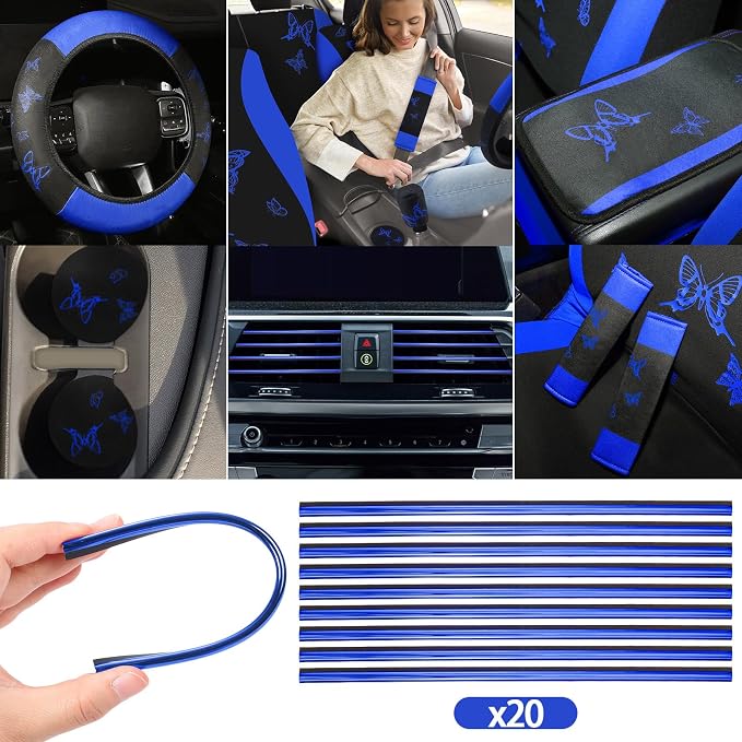 BBTO 43 Pcs Butterfly Car Seat Full Set Butterfly Car Accessories for Women 5 Front Rear Seat Covers Wrist Strap 2 Pcs Cup Mat Armrest Pad 2 Belt Xmas Cover Accessories for SUV(Blue, Black)