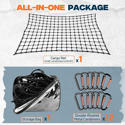 4' x 6' Cargo Net (Stretches to 8'x12') with 12 Metal Carabiners | 4" x 4" Mesh, Bungee Truck Bed Net, Large Items Organizer Accessory for Pickup Trucks, RVs, and Cargo Storage
