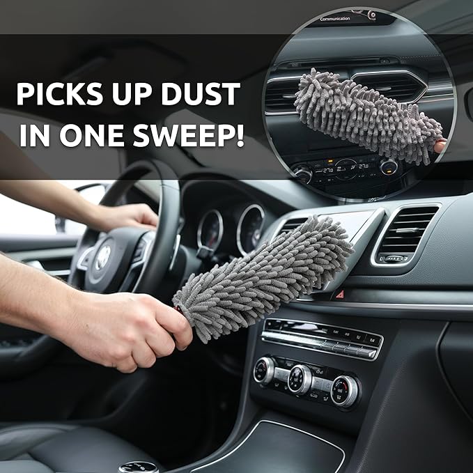 Car Duster Interior by TAKAVU, 360° Microfiber Fingers, Unbreakable Comfort Handle, Lint and Scratch Free, Include Microfiber Towel, for Car & Home Use, The Best Auto Accessories Gray