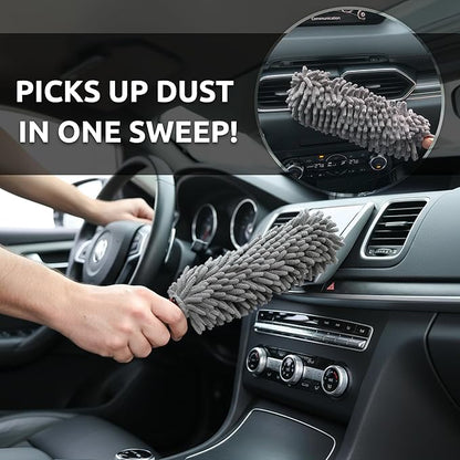 Car Duster Interior by TAKAVU, 360° Microfiber Fingers, Unbreakable Comfort Handle, Lint and Scratch Free, Include Microfiber Towel, for Car & Home Use, The Best Auto Accessories Gray
