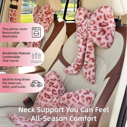 Car Neck Pillow 2PCS Plush Bowknot Car Headrest Pillow – Comfortable Neck Support for Driving Soft Touch Fabric Car Pillow Cute Interior Decor (Pink Leopard Set 4)
