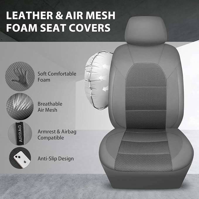 CAR PASS Leather Car Seat Covers Breathable Seat Cover Full Sets Airbag Compatible for Most Cars, SUVs, Trucks, and Vans (Full Set, Gray)