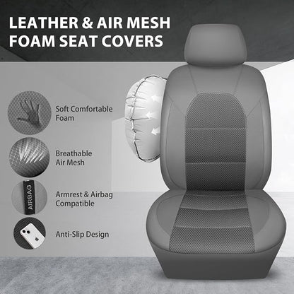 CAR PASS Leather Car Seat Covers Breathable Seat Cover Full Sets Airbag Compatible for Most Cars, SUVs, Trucks, and Vans (Full Set, Gray)