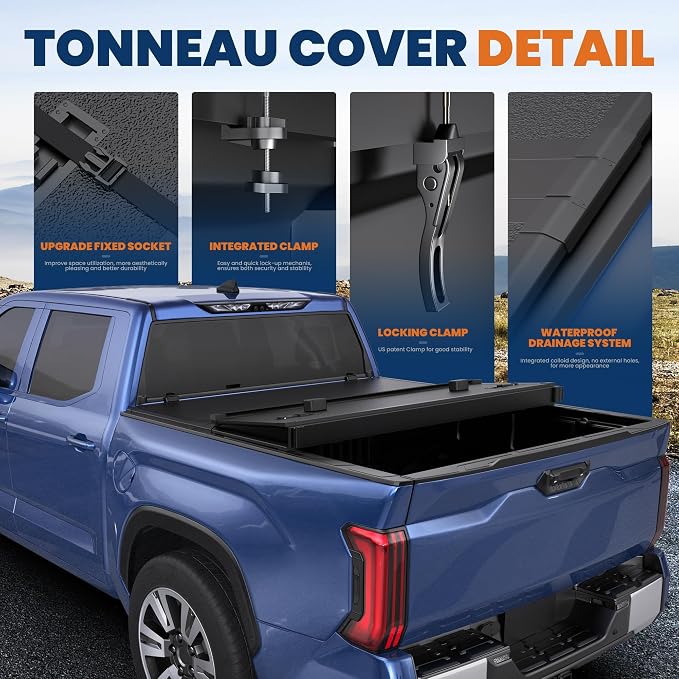 6.5FT Tri-Fold Hard Truck Bed Tonneau Cover Compatible with 2014-25 Tundra | Toyota Tundra Fleetside Fiberglass Truck Bed Tonneau Cover Combination of Fiberglass and PP Honeycomb Design (78in)
