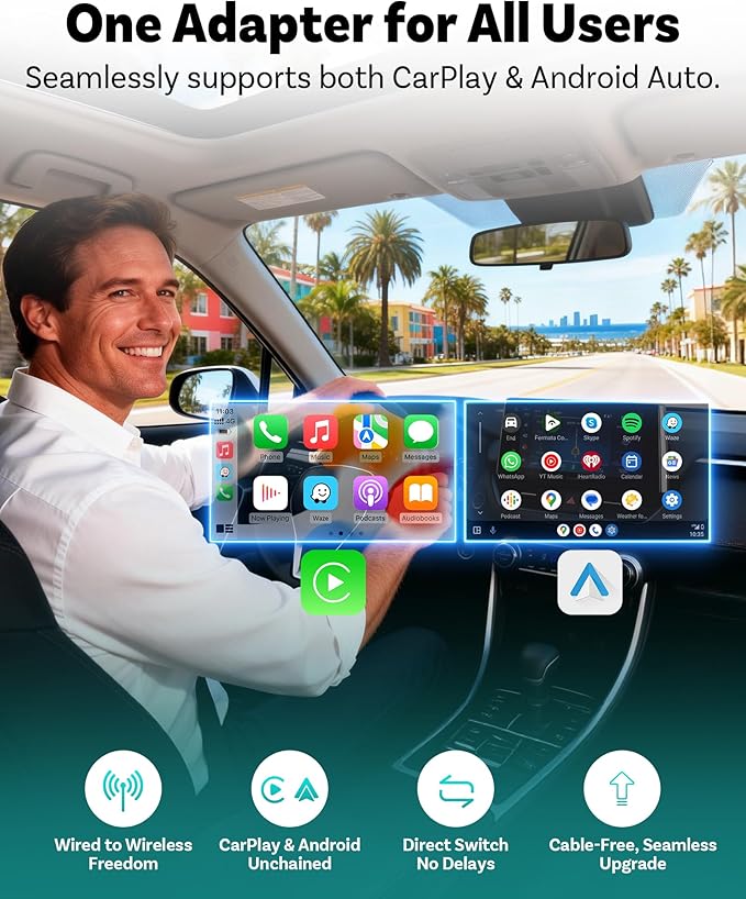 OTTOCAST Mini Pico Wireless CarPlay & Android Auto Adapter, Dual Wireless Conversion, Wi-Fi 6, Bluetooth 5.4, Ultra-Compact, One-Button Phone Switch