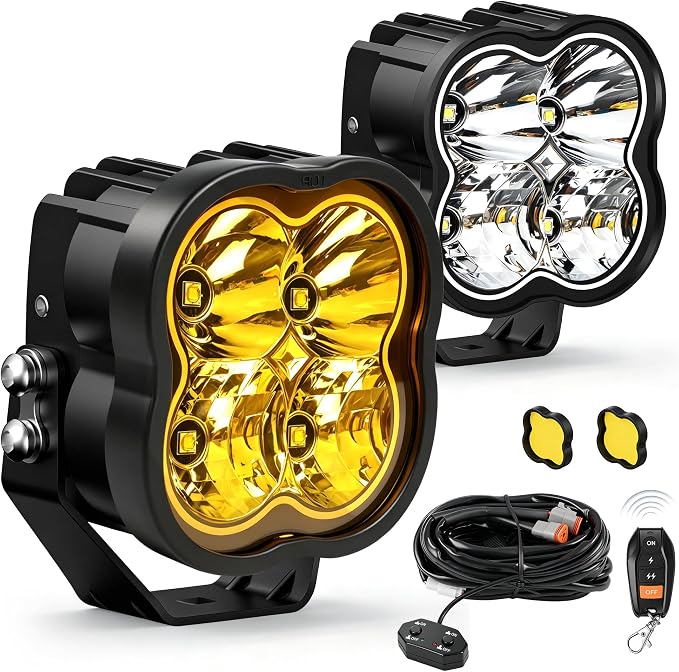 3.7 Inch LED Driving Pod Light with Remote, 200W Spot Beam Offroad Pod with DRL, Spotlights Cube Ditch Lights with 2 Amber Covers & DT Plug, White & RGB Mode, for Jeep Offroad ATV UTV, 1 Pair