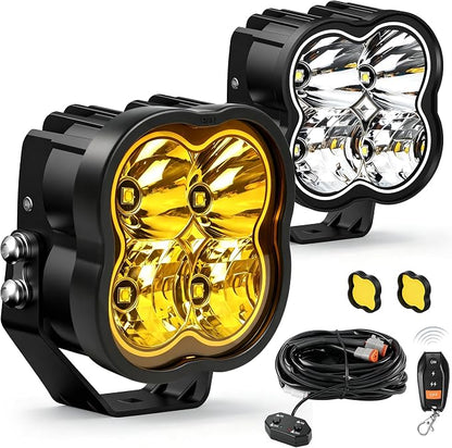 3.7 Inch LED Driving Pod Light with Remote, 200W Spot Beam Offroad Pod with DRL, Spotlights Cube Ditch Lights with 2 Amber Covers & DT Plug, White & RGB Mode, for Jeep Offroad ATV UTV, 1 Pair