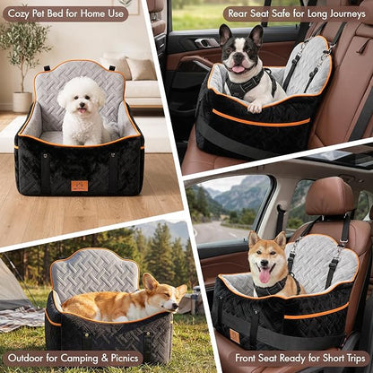 GINMIC Dog Car Seats for Small Medium Dogs up to 35 lbs – Dog Booster Car Seat with 5.3-Inch Memory Foam, Dual Safety Leashes, Detachable Washable Cover & Storage Pockets, Soft Travel Dogs Bed (Black)