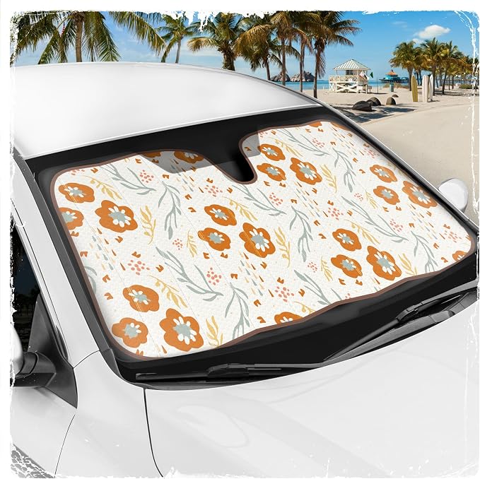 Carbella Orange Floral Car Windshield Sun Shade - Sun Visor Sunshade for Car Windshield - Window Shades for Cars, SUV & Truck - Dash Cover UV Protection for Front Window Shade Accessories - 57" x 27"