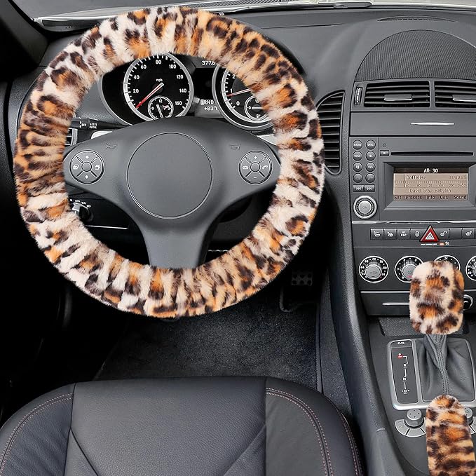 Accmor Fluffy Car Steering Wheel Cover, Universal Fuzzy Wheel Cover 14 1/2-15 & Handbrake Cover & Gear Shift Cover Set, Anti-Slip Leopard Warm Fur Vehicle Wheel Protector Car Accessories for Men Women