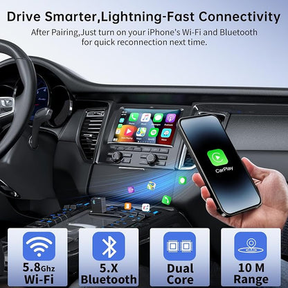 Wireless CarPlay Adapter for Apple iPhone, Convert Wired to Wireless Mini USB Bluetooth Car Play Adapter with Stable 5.8GHz Wi-Fi Plug & Play - Compatible with Cars 2016+ and iOS 10+
