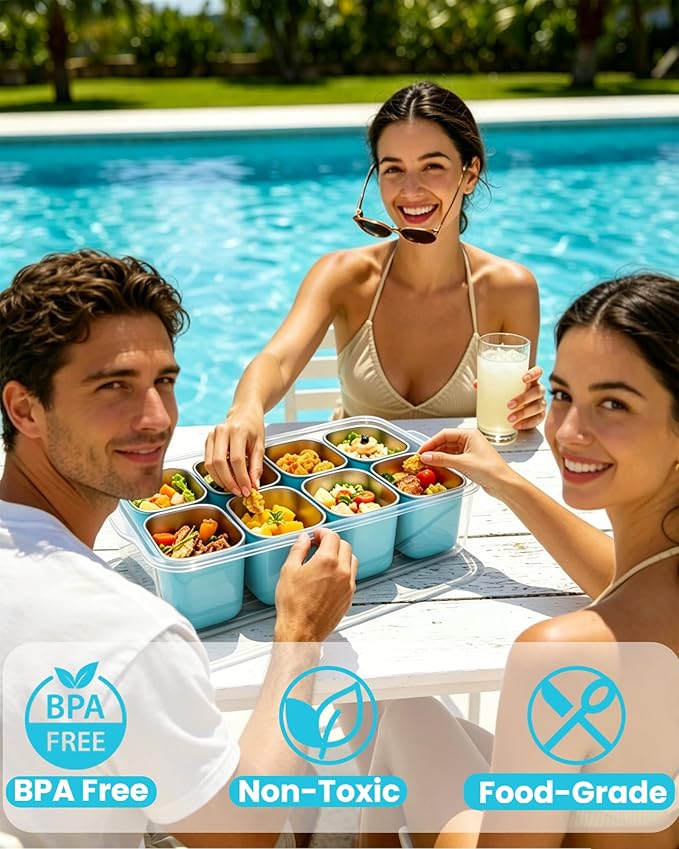 Snackle Box Container, Stainless Steel Divided Serving Tray with Lid and Handle, Large Snack Tray for Fruit Veggie Candy, 8-Compartment Snack Platter for Travel Beach Picnic,with Blue Silicone Sleeve