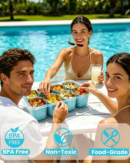 Snackle Box Container, Stainless Steel Divided Serving Tray with Lid and Handle, Large Snack Tray for Fruit Veggie Candy, 8-Compartment Snack Platter for Travel Beach Picnic,with Blue Silicone Sleeve