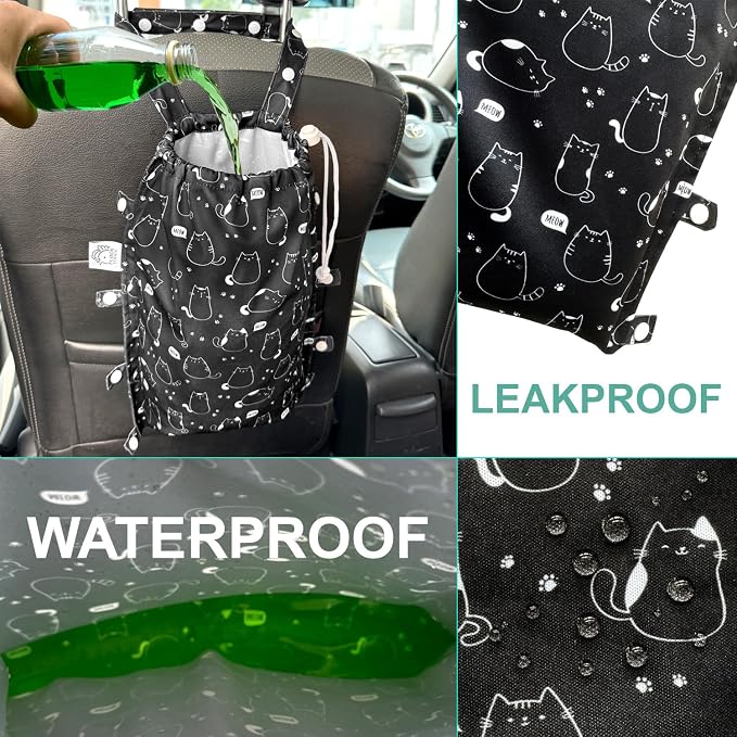Leak-Proof Waterproof Car Trash Bag Foldable Multipurpose Trash bin Container Storage Cute Grocery Organizer Bag for Automotive Front or Back Seat in Cars SUVs and Trucks (Cute Cats)