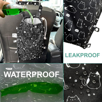 Leak-Proof Waterproof Car Trash Bag Foldable Multipurpose Trash bin Container Storage Cute Grocery Organizer Bag for Automotive Front or Back Seat in Cars SUVs and Trucks (Cute Cats)
