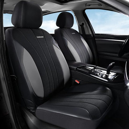 Coverado Seat Covers for Car 2 Seats, Leather Car Seat Covers Fullset, Breathable Mesh Front and Rear Protectors, Grey Luxury Automotive Covers, Universal Fit for SUV, Truck, Sedan