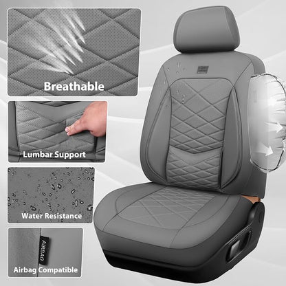 CAR PASS Luxury Nappa Leather Seat Covers Full Set, Water Resistant Faux Leather Seat Cover with Lumbar Support, Breathable Automotive Seat Covers Universal Fit for Sedan SUV Van Truck, Pure Gray