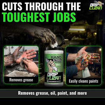 Grip Clean Heavy Duty Hand & Tool Cleaning Wipes – Waterless Hand Cleaner for Mechanics, Garage & Shop Use – Dual-Sided Grease, Oil & Paint Remover Wipes with Citrus Scent - 30ct (6 Pack)