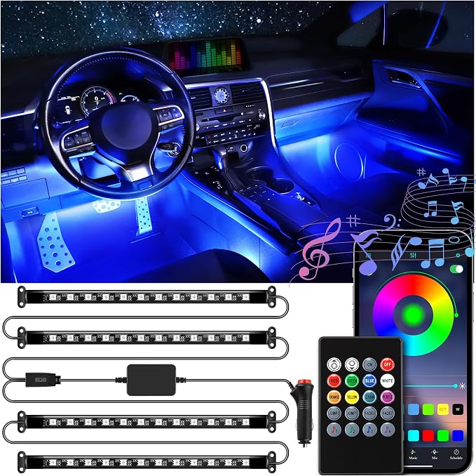 LivTee Smart Car Interior Lights, RGB LED Accent Lights with App Control, DIY & Music Mode, 2 Lines Design LED Lights for Cars, 12V Cigarette Lighter Power, Car Accessories for Women
