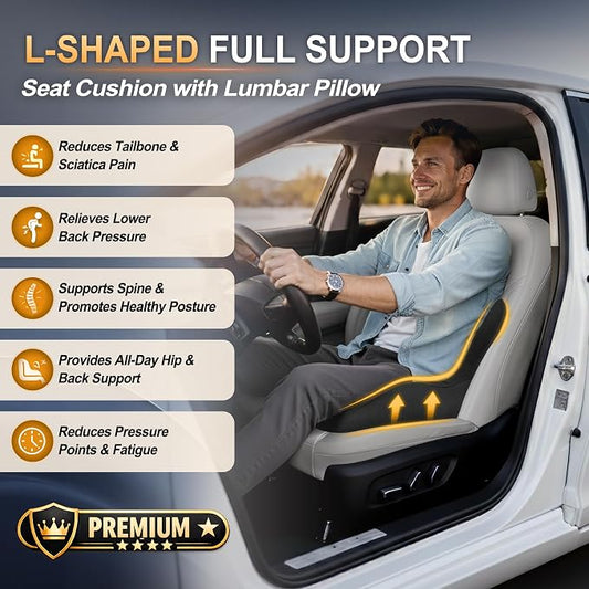 Allaboutsla Memory Foam Car Seat Cushion with Lumbar Support, L-Shaped Ergonomic Design for Long Driving, Pressure-Relief Comfort for Car, SUV, Semi Truck & Office Chair- Black
