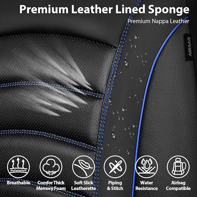CAR PASS 3D Foam PU Leather Car Seat Covers, Universal Seat Covers Front 2 for Trucks SUV Sedan Automotive Seat Covers Armrest Airbag Compatible Waterproof Comfortable Faux Nappa Leather Black Blue