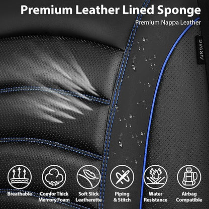 CAR PASS 3D Foam PU Leather Car Seat Covers, Universal Seat Covers Front 2 for Trucks SUV Sedan Automotive Seat Covers Armrest Airbag Compatible Waterproof Comfortable Faux Nappa Leather Black Blue