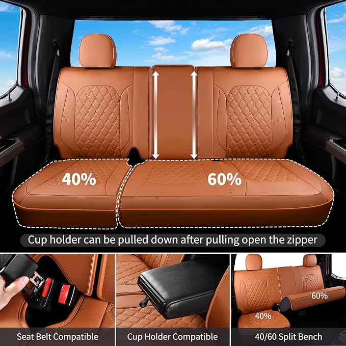 Huidasource F150 Truck Seat Covers Fit for 2015-2025 Ford F150 & 2017-2025 F250 F350 F450 Crew Cab XL XLT Lariat King Ranch Platinum, Full Coverage Leather Automotive Seat Cover(Full Set/Brown)