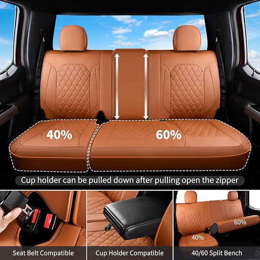 Huidasource F150 Truck Seat Covers Fit for 2015-2025 Ford F150 & 2017-2025 F250 F350 F450 Crew Cab XL XLT Lariat King Ranch Platinum, Full Coverage Leather Automotive Seat Cover(Full Set/Brown)