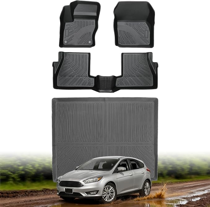 Floor Mats & Cargo Liner for Ford Focus Hatchback 2012 2013 2014 2015 2016 2017 2018, All-Weather TPE Car Accessories for Focus S SE SEL Titanium, Custom Fit Waterproof Anti-Slip Car Liners