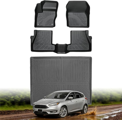Floor Mats & Cargo Liner for Ford Focus Hatchback 2012 2013 2014 2015 2016 2017 2018, All-Weather TPE Car Accessories for Focus S SE SEL Titanium, Custom Fit Waterproof Anti-Slip Car Liners