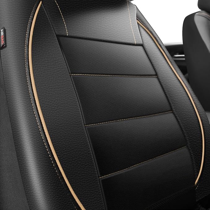 CAR PASS Universal FIT Piping Leather Two Front Seat Covers, Waterproof Faux Leather for SUV Sedan Van Truck, Airbag Compatible,Reserved Opening Holes for Headrest Covers. (Black and Beige)