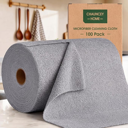 Microfiber Cleaning Cloth Roll - 100 Pack Tear Away Microfiber Paper Towels, Reusable, Washable, Scratch-Free, Kitchen Towels for Car, Home, Kitchen, Glass, Dishes(Cloud Gray)