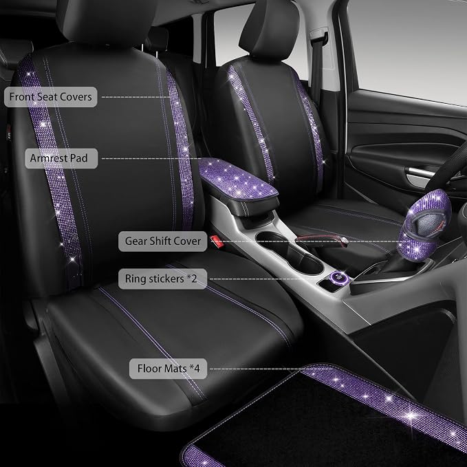CAR PASS Bling Rhinestone Diamonds Car Seat Covers Leather Shining Rhinestone Car Floor mats Carpet with Anti-Slip Nibs Sparkly Car Accessories Sets Women Glitter Crystal Combo Set Violet Purple