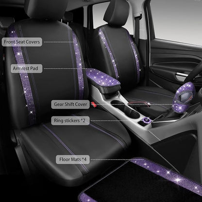 CAR PASS Bling Rhinestone Diamonds Car Seat Covers Leather Shining Rhinestone Car Floor mats Carpet with Anti-Slip Nibs Sparkly Car Accessories Sets Women Glitter Crystal Combo Set Violet Purple